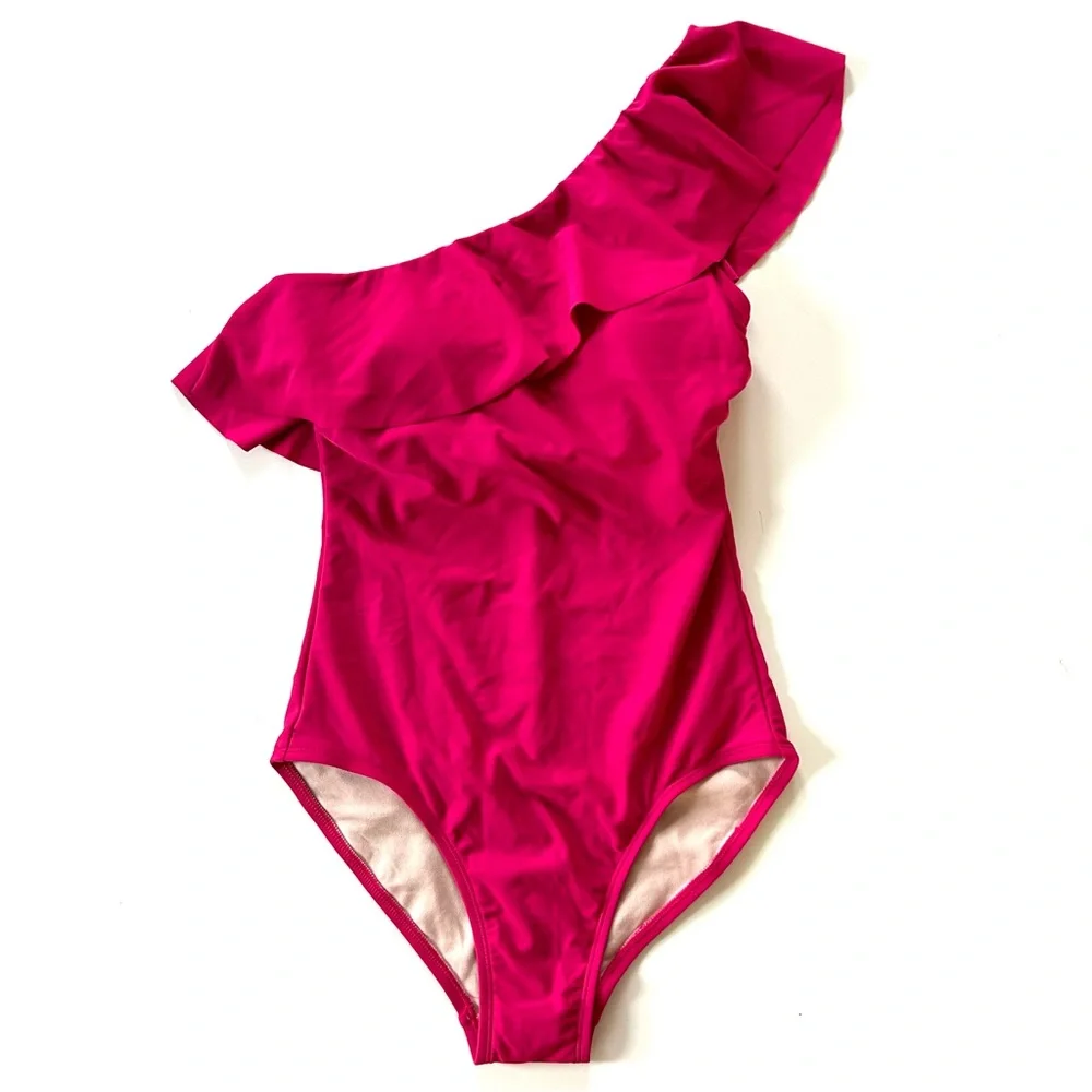 Kona Sol Magenta Pink Ruffle One Shoulder One Piece Swimsuit
